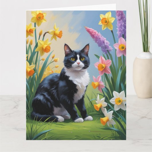 Tuxedo Kat Lentebloemen Schilderij  Kaart (Voorkant)