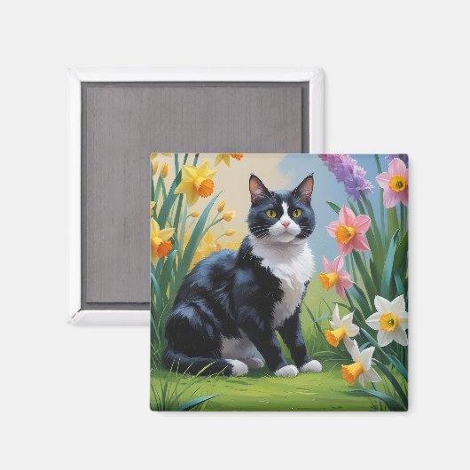 Tuxedo Kat Lentebloemen Schilderij Magneet (Voorkant / Achterkant)