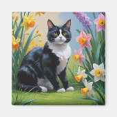 Tuxedo Kat Lentebloemen Schilderij Magneet (Voorkant)