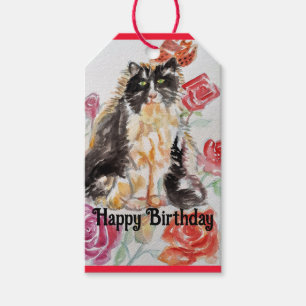 Tuxedo Kat Leuke Rozen Bloemen Katten Waterverf Ro Cadeaulabel