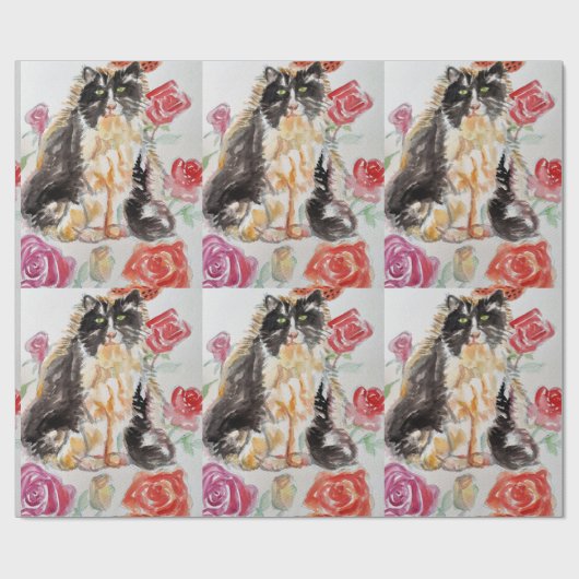 Tuxedo Kat Leuke Rozen Bloemen Katten Waterverf Ro Cadeaupapier (Vlak)