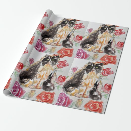 Tuxedo Kat Leuke Rozen Bloemen Katten Waterverf Ro Cadeaupapier (Uitgerold)