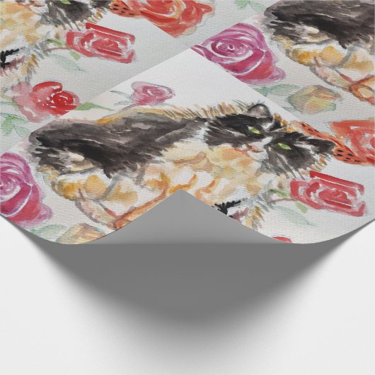 Tuxedo Kat Leuke Rozen Bloemen Katten Waterverf Ro Cadeaupapier (Hoek)