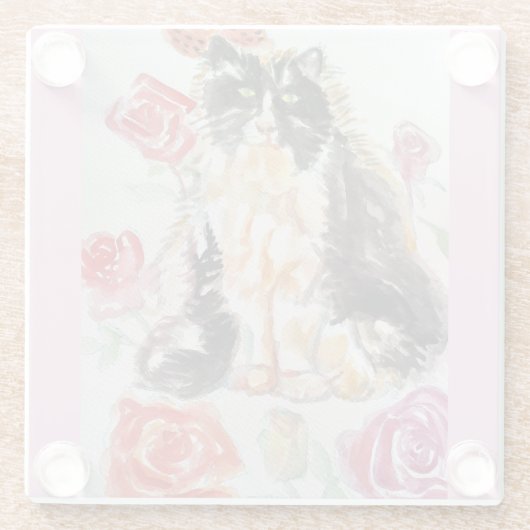 Tuxedo Kat Leuke Rozen Bloemen Katten Waterverf Ro Glazen Onderzetter (Achterkant)