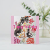 Tuxedo Kat Leuke Rozen Bloemen Katten Waterverf Ro Kaart (Staand voorkant)