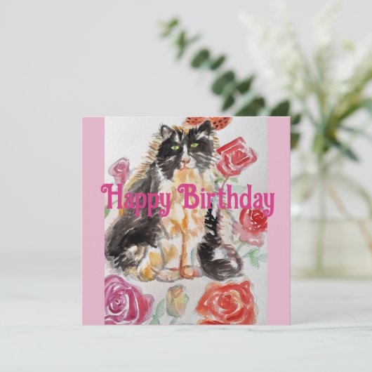 Tuxedo Kat Leuke Rozen Bloemen Katten Waterverf Ro Kaart (Staand voorkant)