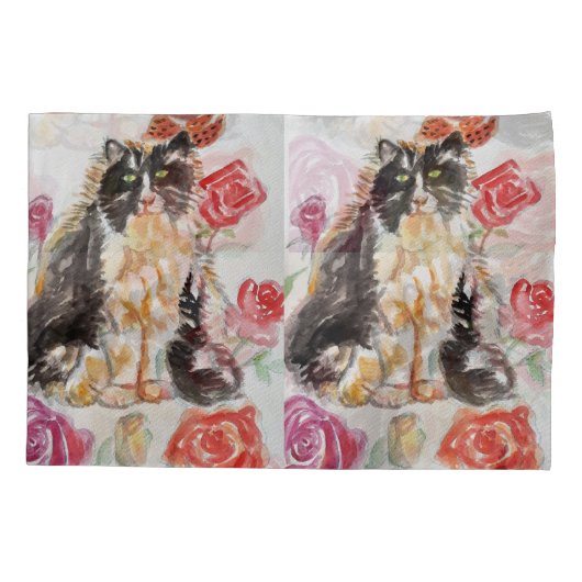Tuxedo Kat Leuke Rozen Bloemen Katten Waterverf Ro Kussensloop (Achterkant)