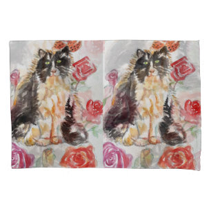 Tuxedo Kat Leuke Rozen Bloemen Katten Waterverf Ro Kussensloop