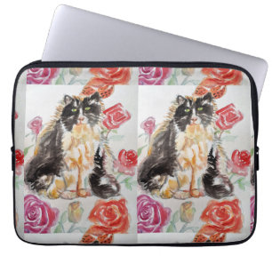 Tuxedo Kat Leuke Rozen Bloemen Katten Waterverf Ro Laptop Sleeve
