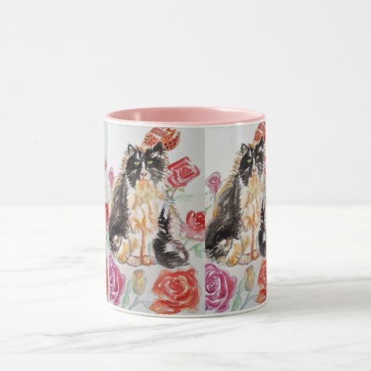 Tuxedo Kat Leuke Rozen Bloemen Katten Waterverf Ro Mok (Midden)
