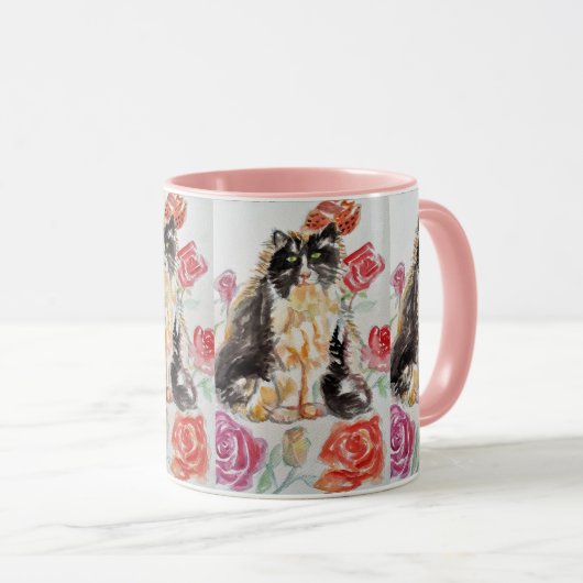 Tuxedo Kat Leuke Rozen Bloemen Katten Waterverf Ro Mok (Voorkant rechts)