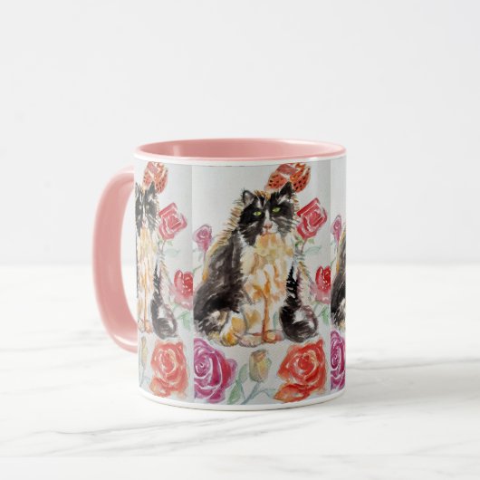 Tuxedo Kat Leuke Rozen Bloemen Katten Waterverf Ro Mok (Voorkant links)