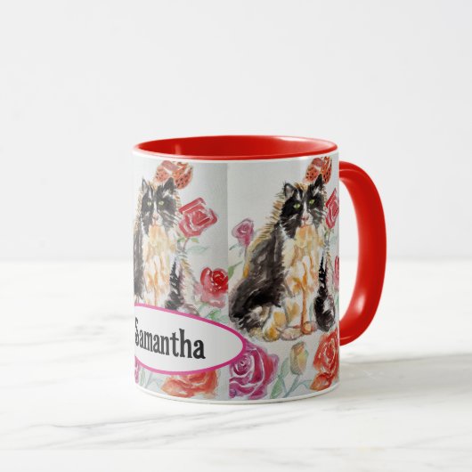 Tuxedo Kat Leuke Rozen Bloemen Katten Waterverf Ro Mok (Voorkant rechts)