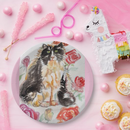 Tuxedo Kat Leuke Rozen Bloemen Katten Waterverf Ro Papieren Bordje (Feest)