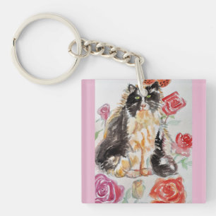 Tuxedo Kat Leuke Rozen Bloemen Katten Waterverf Ro Sleutelhanger