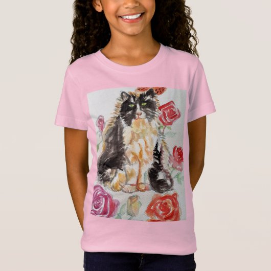 Tuxedo Kat Leuke Rozen Bloemen Katten Waterverf Ro T-shirt (Voorkant)
