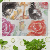 Tuxedo Kat Leuke Rozen Bloemen Katten Waterverf Ro Theedoek (Gevouwen)