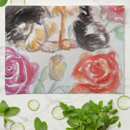 Tuxedo Kat Leuke Rozen Bloemen Katten Waterverf Ro Theedoek (Gevouwen)