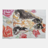 Tuxedo Kat Leuke Rozen Bloemen Katten Waterverf Ro Theedoek (Horizontaal)