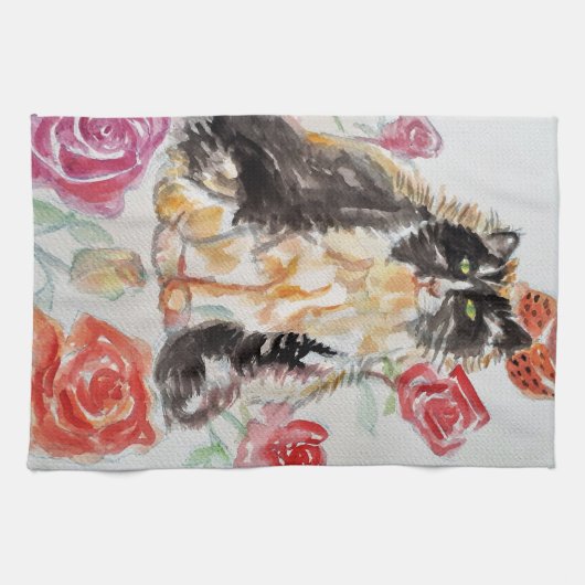 Tuxedo Kat Leuke Rozen Bloemen Katten Waterverf Ro Theedoek (Horizontaal)