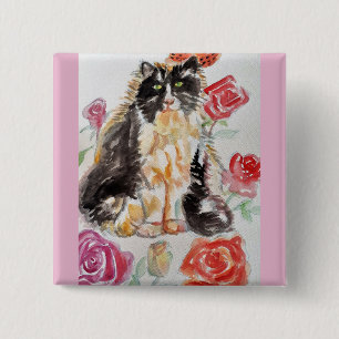 Tuxedo Kat Leuke Rozen Bloemen Katten Waterverf Ro Vierkante Button 5,1 Cm