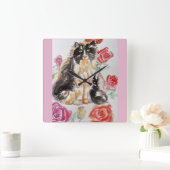 Tuxedo Kat Leuke Rozen Bloemen Katten Waterverf Ro Vierkante Klok (Huis)