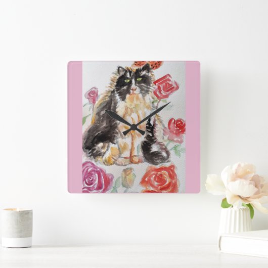 Tuxedo Kat Leuke Rozen Bloemen Katten Waterverf Ro Vierkante Klok (Huis)