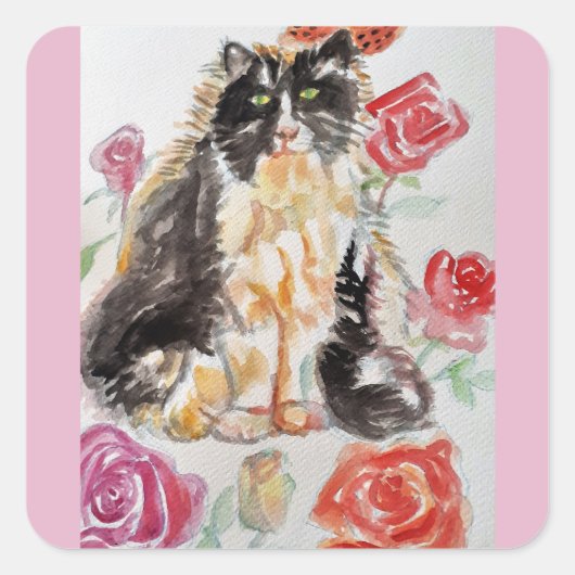 Tuxedo Kat Leuke Rozen Bloemen Katten Waterverf Ro Vierkante Sticker (Voorkant)