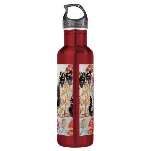 Tuxedo Kat Leuke Rozen Bloemen Katten Waterverf Ro Waterfles (Achterkant)