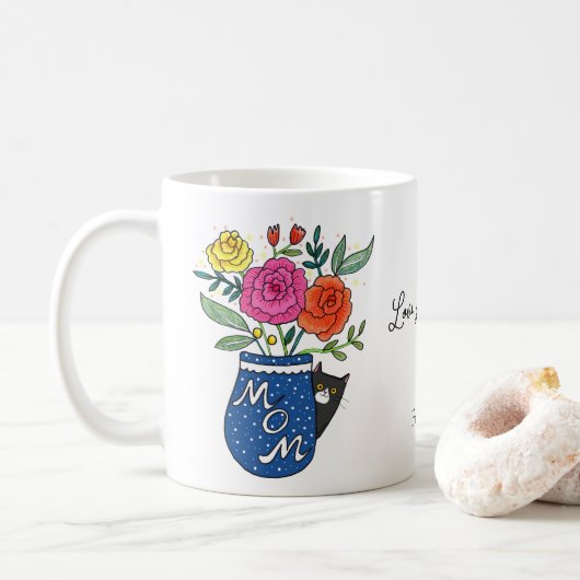 Tuxedo Kat Liefhebber Moeder Bloemstuk Aangepaste Koffiemok (Met donut)