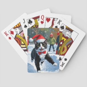 Tuxedo Kat Lopen in Sneeuw met Kerstmuts Pokerkaarten