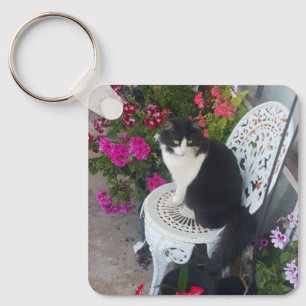 Tuxedo Kat Maroon Donker Roze Katten en Bloemen Sleutelhanger