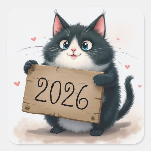 Tuxedo Kat met 2026 Nieuwjaarsbord Vierkante Sticker (Voorkant)