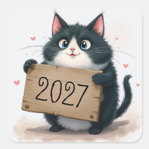 Tuxedo kat met 2027 Nieuwjaarsbord Vierkante Sticker