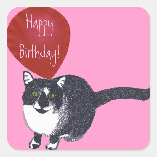 Tuxedo Kat met Ballon Happy Birthday Stickers (Voorkant)