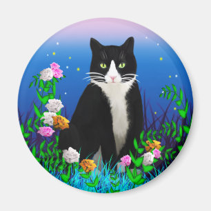 Tuxedo Kat met Bloemen Magnet