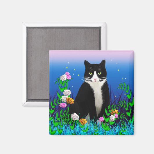 Tuxedo Kat met Bloemen Magnet (Voorkant / Achterkant)