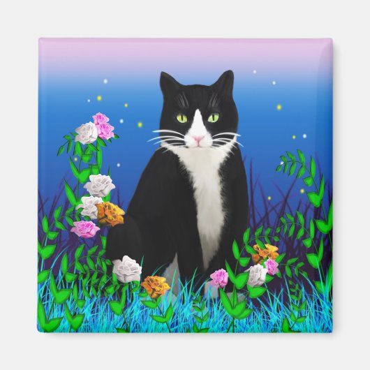 Tuxedo Kat met Bloemen Magnet (Voorkant)
