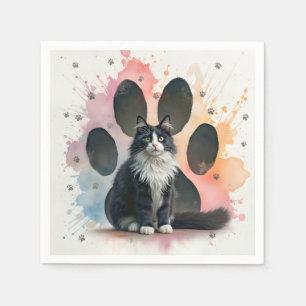 Tuxedo-kat met een achtergrond met pootafdruk servet