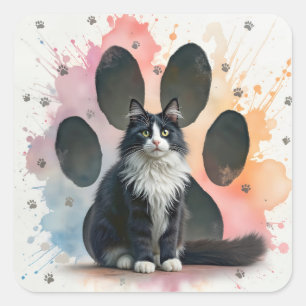 Tuxedo kat met een achtergrond met pootafdruk vierkante sticker