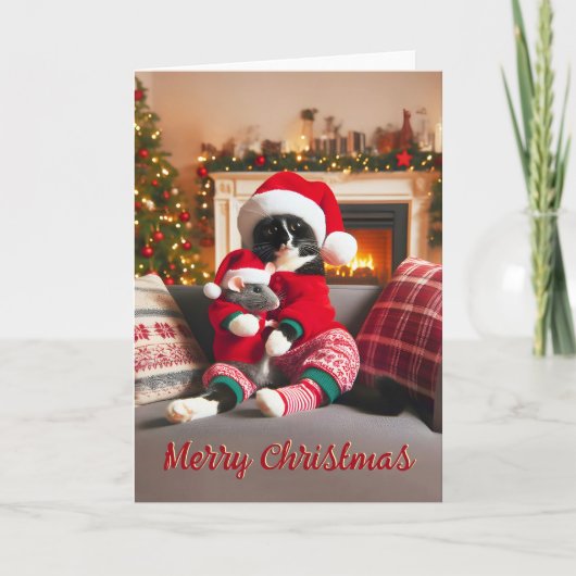 Tuxedo Kat Met Een Muis Kerst Kaart (Voorkant)