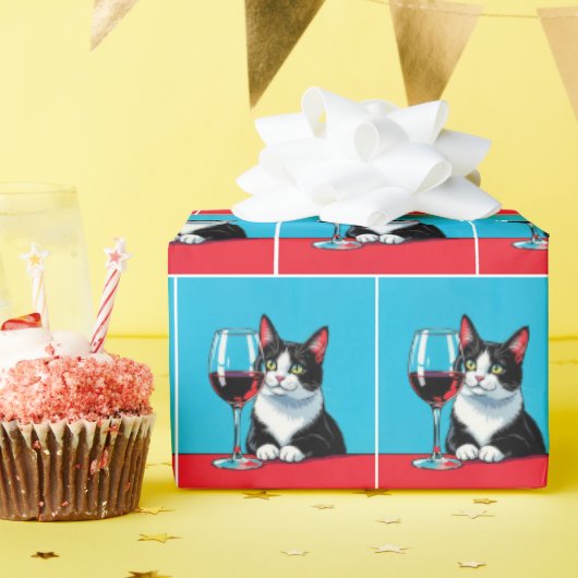 Tuxedo Kat Met Glas Rode Wijn Cadeaupapier (Verjaardagsfeest)