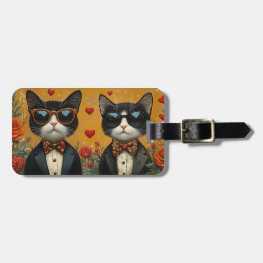 Tuxedo Kat met Hart Rozen Valentijnsdag Bagagelabel (Voorkant horizontaal)