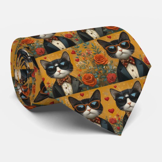 Tuxedo Kat met Hartrozen Valentijnsdag Stropdas (Opgerold)