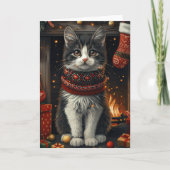 Tuxedo kat met kerstcadeaus open haard kaart (Voorkant)