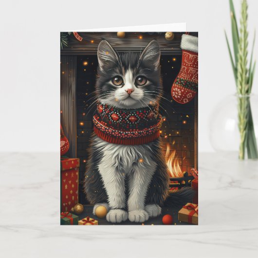 Tuxedo kat met kerstcadeaus open haard kaart (Voorkant)