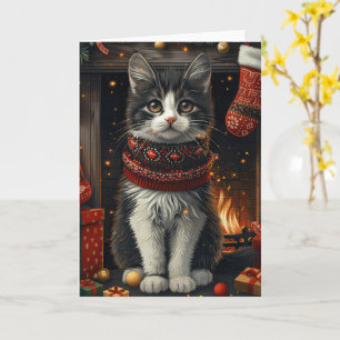Tuxedo Kat Met Kerstcadeaus Open Haard Kaart