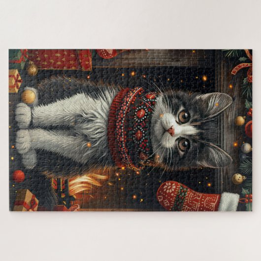 Tuxedo kat met kerstcadeaus open haard legpuzzel (Horizontaal)