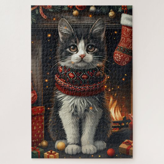 Tuxedo kat met kerstcadeaus open haard legpuzzel (Verticaal)