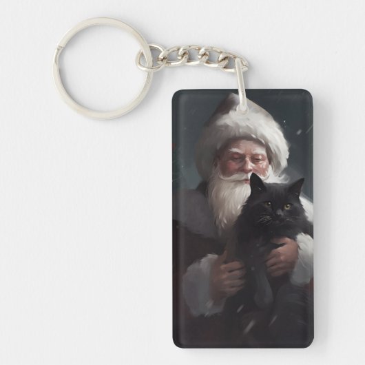Tuxedo Kat Met Kerstman Festieve Kerstmis Sleutelhanger (Voorkant)